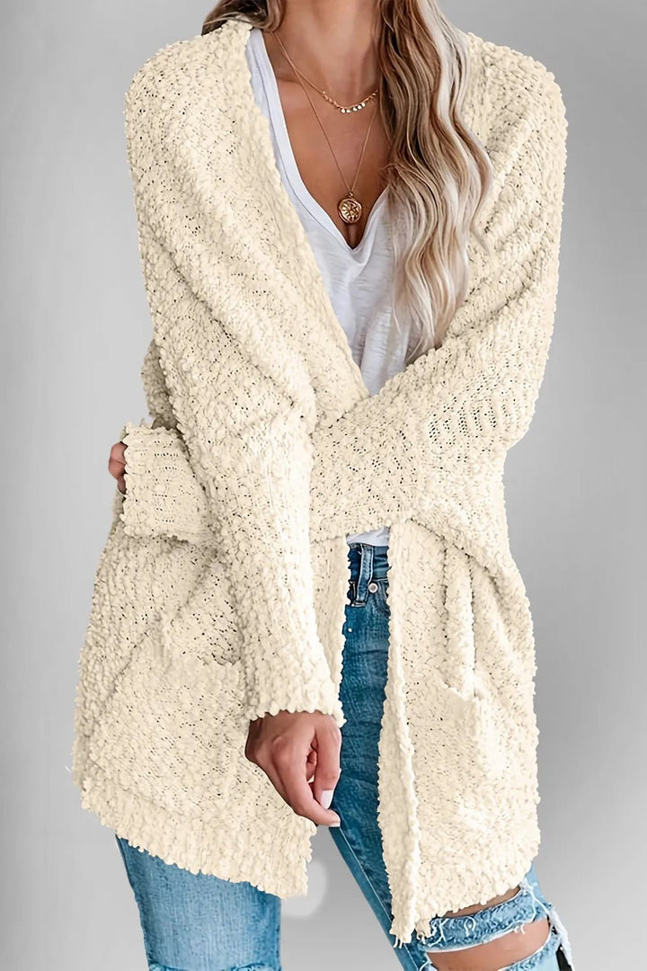 Double Take Pocketed Open Front Long Sleeve Cardigan - Trendy Tops/Cardigans in Cream for Women | The802Gypsy