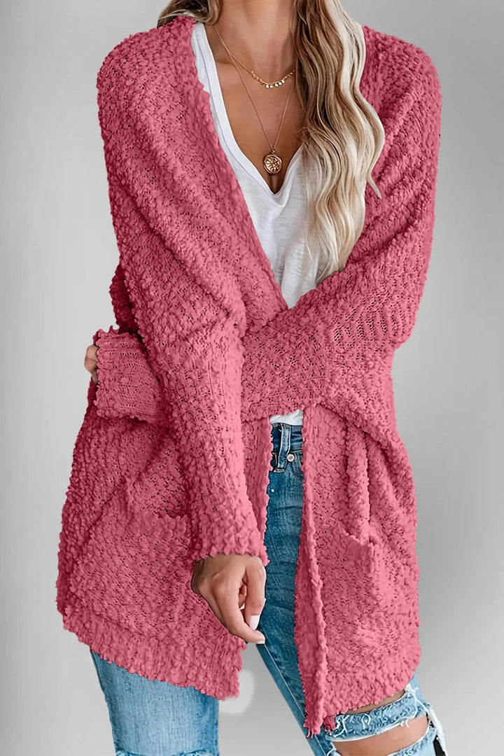 Double Take Pocketed Open Front Long Sleeve Cardigan - Trendy Tops/Cardigans in Deep Rose for Women | The802Gypsy