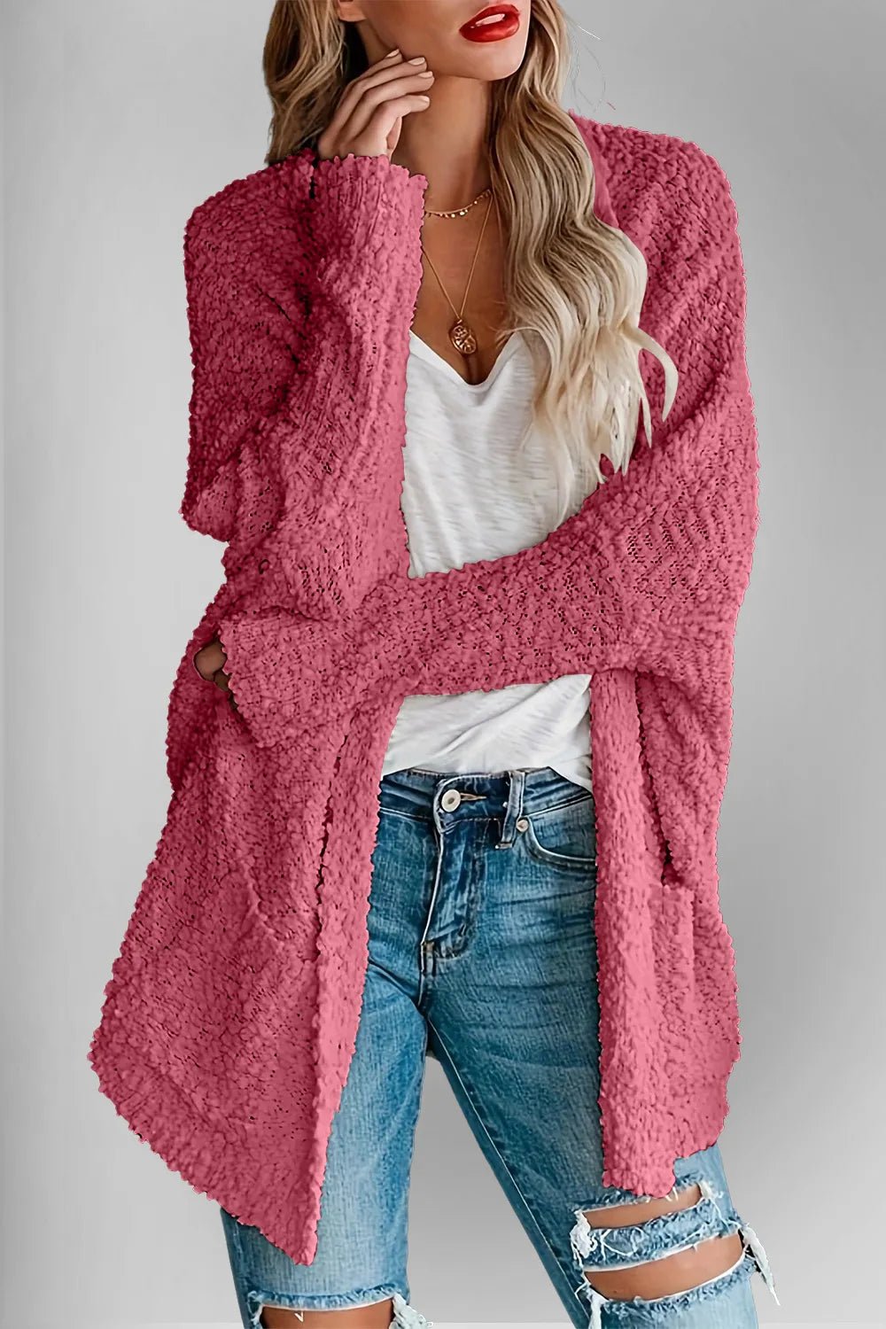 Double Take Pocketed Open Front Long Sleeve Cardigan - Trendy Tops/Cardigans in Deep Rose for Women | The802Gypsy