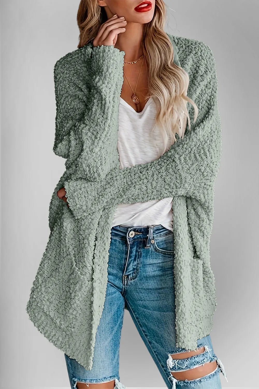 Double Take Pocketed Open Front Long Sleeve Cardigan - Trendy Tops/Cardigans in Gum Leaf for Women | The802Gypsy