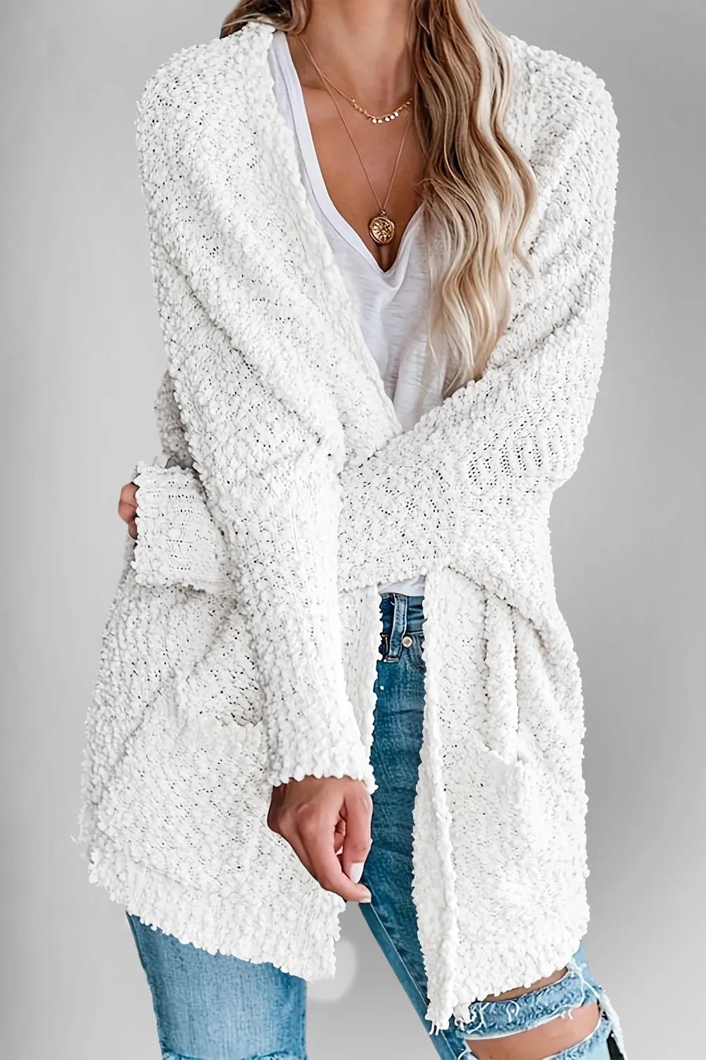 Double Take Pocketed Open Front Long Sleeve Cardigan - Trendy Tops/Cardigans in White for Women | The802Gypsy