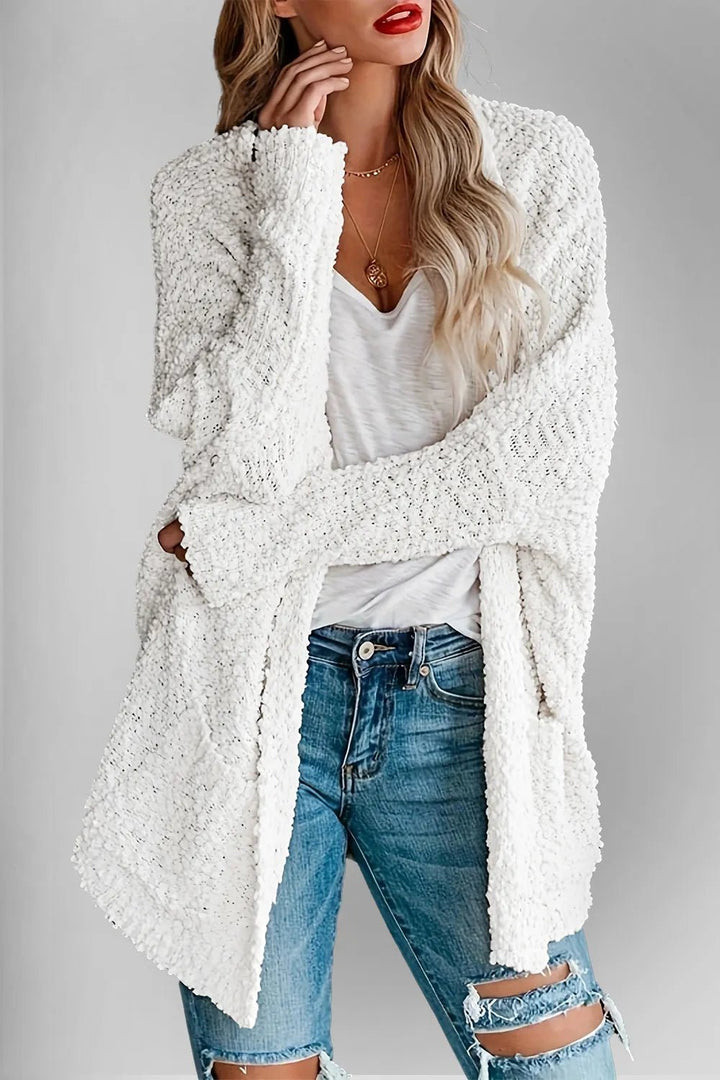 Double Take Pocketed Open Front Long Sleeve Cardigan - Trendy Tops/Cardigans in White for Women | The802Gypsy