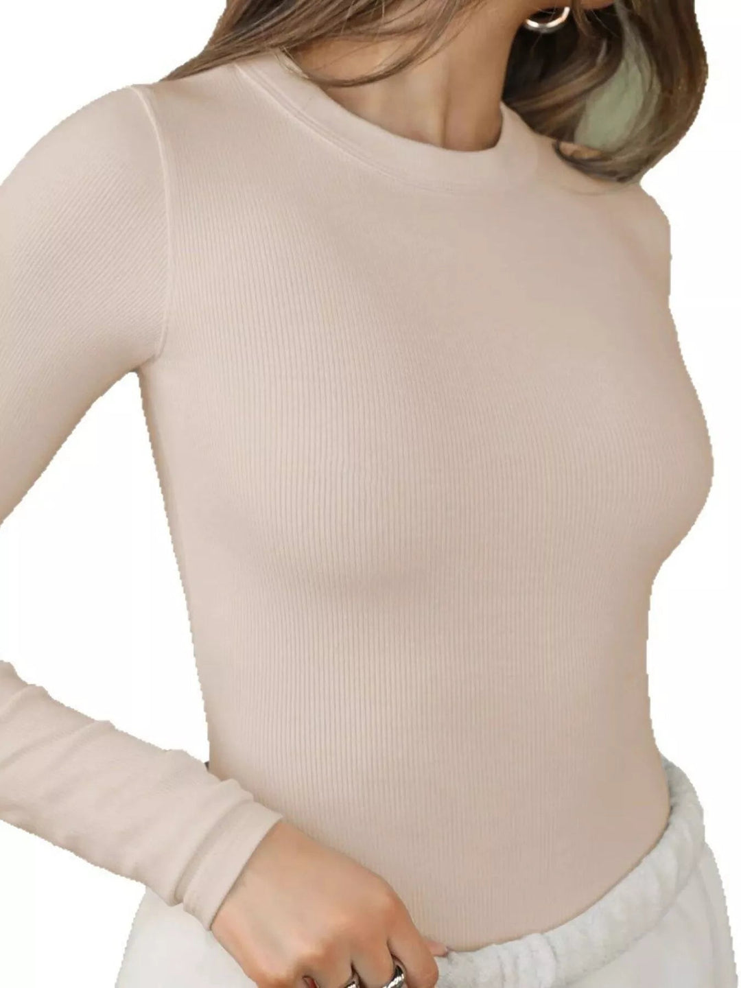Long Sleeve Ribbed Crop T-Shirt - Trendy Tops/Casual Tops in Apricot for Women | The802Gypsy