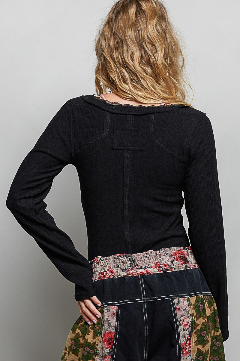 POL V - Neck Long Sleeve Ribbed Top with Lace - Accent - Trendy Tops/Casual Tops in BLACK for Women | The802Gypsy