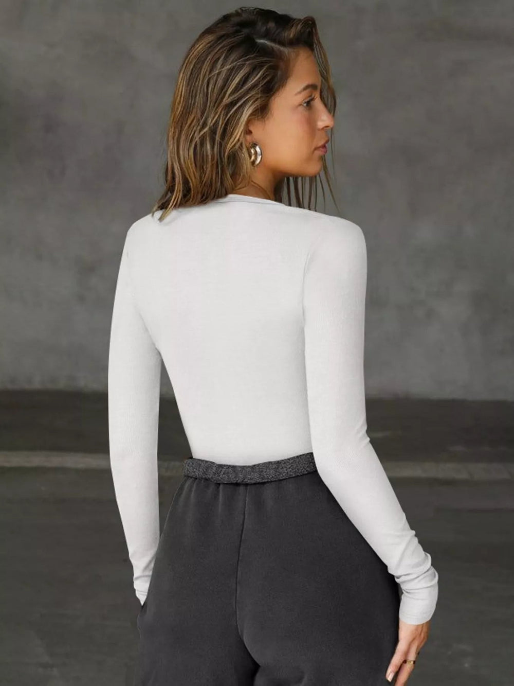 Deep V - Neck Long Sleeve Top - Trendy Tops/Casual Tops in Gray/white for Women | The802Gypsy