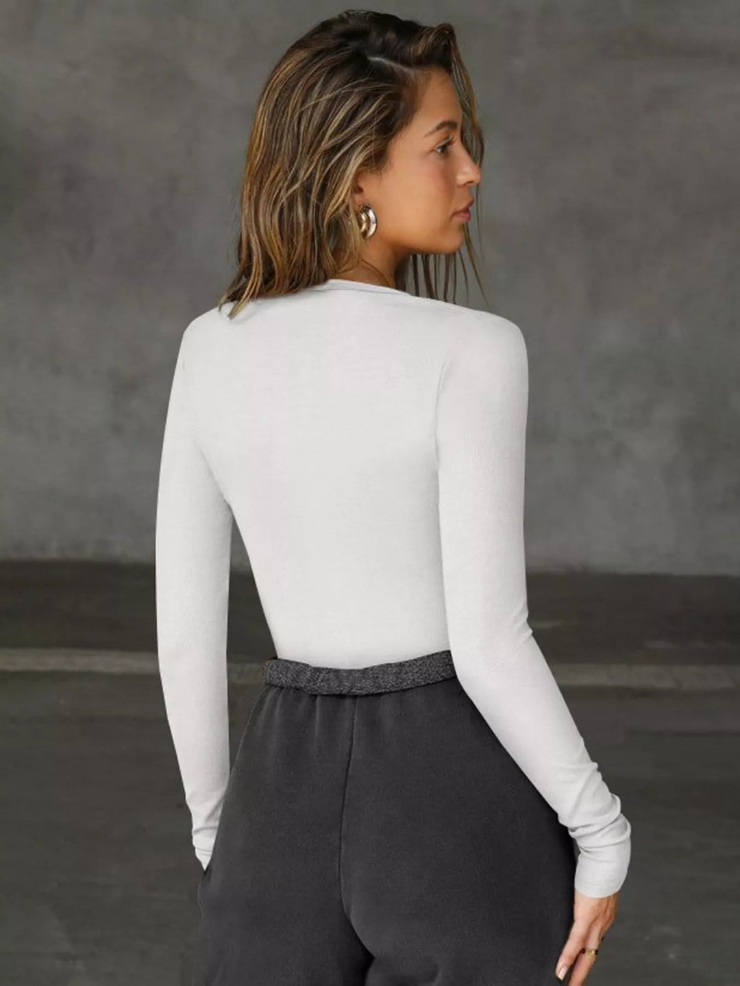 Deep V - Neck Long Sleeve Top - Trendy Tops/Casual Tops in Gray/white for Women | The802Gypsy