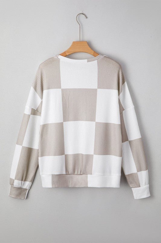 JUNIPER BLVD Checker Waffle Knit Long Sleeve Top - Trendy Tops/Casual Tops in Khaki for Women | The802Gypsy