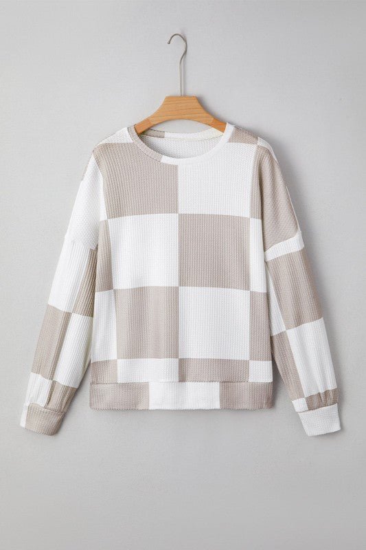 JUNIPER BLVD Checker Waffle Knit Long Sleeve Top - Trendy Tops/Casual Tops in Khaki for Women | The802Gypsy