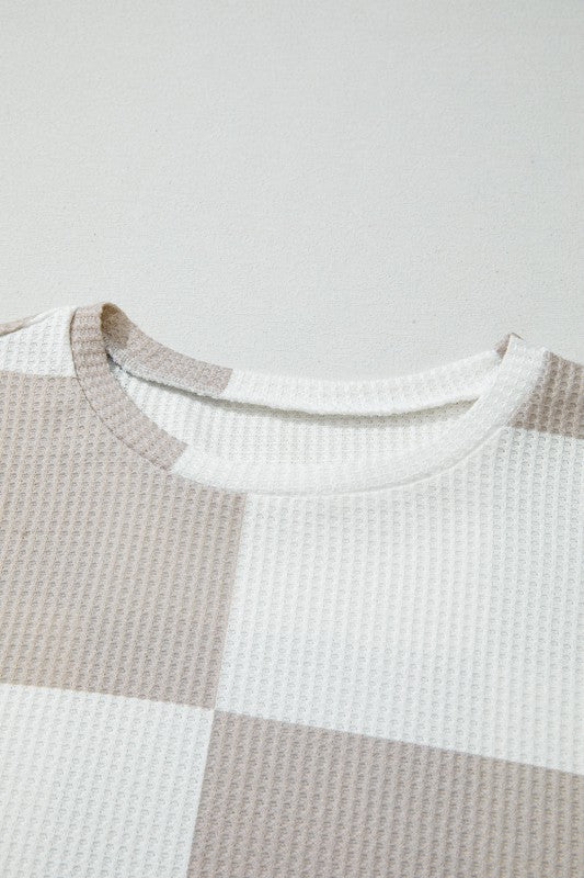 JUNIPER BLVD Checker Waffle Knit Long Sleeve Top - Trendy Tops/Casual Tops in Khaki for Women | The802Gypsy