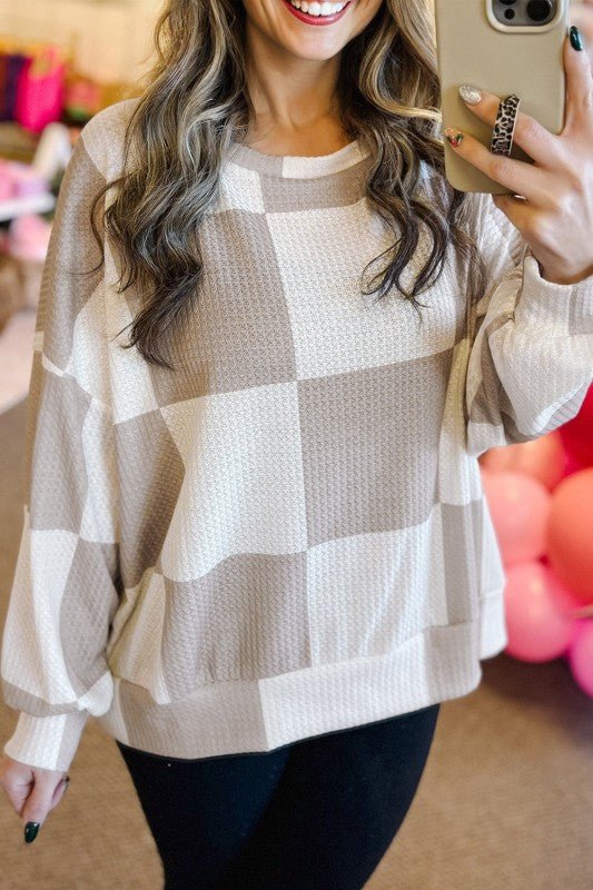 JUNIPER BLVD Checker Waffle Knit Long Sleeve Top - Trendy Tops/Casual Tops in Khaki for Women | The802Gypsy