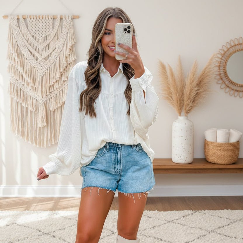 Crinkled Texture Lantern Sleeve Button Down Loose Shirt - Trendy Tops/Casual Tops in White for Women | The802Gypsy