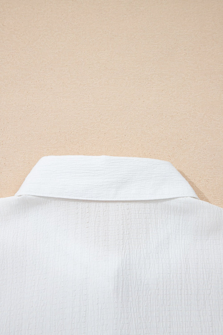 Crinkled Texture Lantern Sleeve Button Down Loose Shirt - Trendy Tops/Casual Tops in White for Women | The802Gypsy