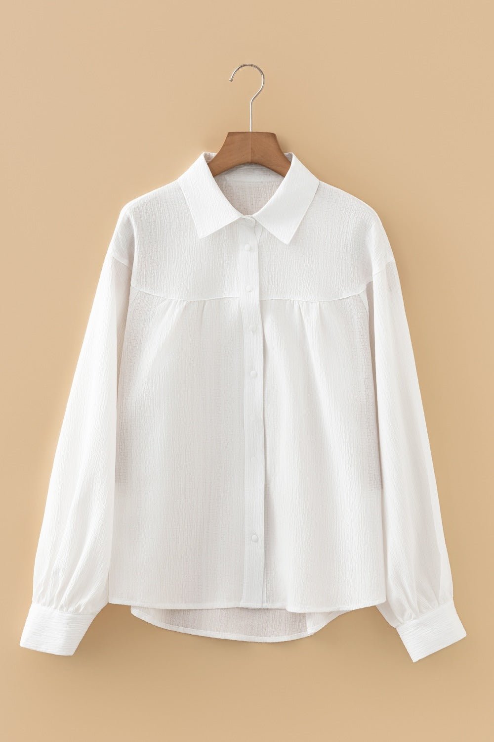 Crinkled Texture Lantern Sleeve Button Down Loose Shirt - Trendy Tops/Casual Tops in White for Women | The802Gypsy