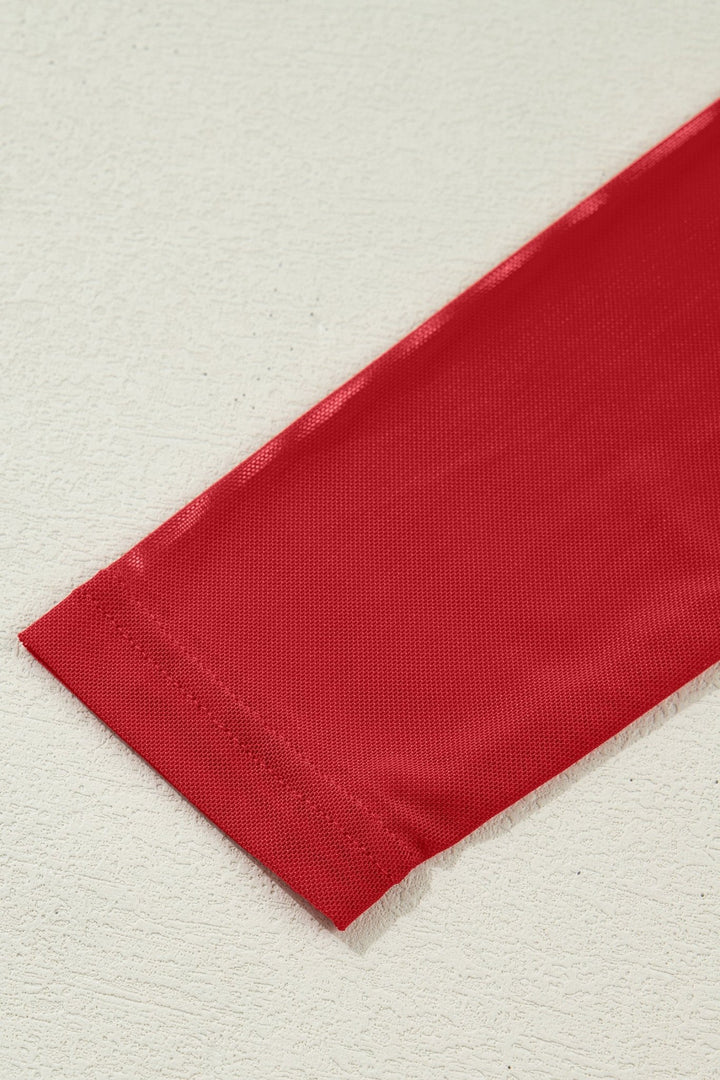 Fiery Red Sheer Mesh Patchwork High Neck Long Sleeve Top - Trendy Tops/Long Sleeve Tops in Black for Women | The802Gypsy