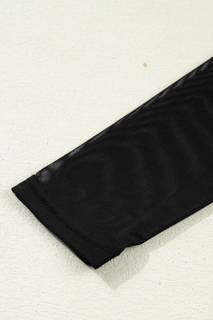 Fiery Red Sheer Mesh Patchwork High Neck Long Sleeve Top - Trendy Tops/Long Sleeve Tops in Black for Women | The802Gypsy