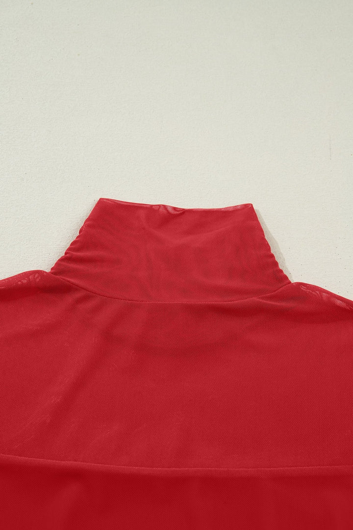 Fiery Red Sheer Mesh Patchwork High Neck Long Sleeve Top - Trendy Tops/Long Sleeve Tops in Black for Women | The802Gypsy