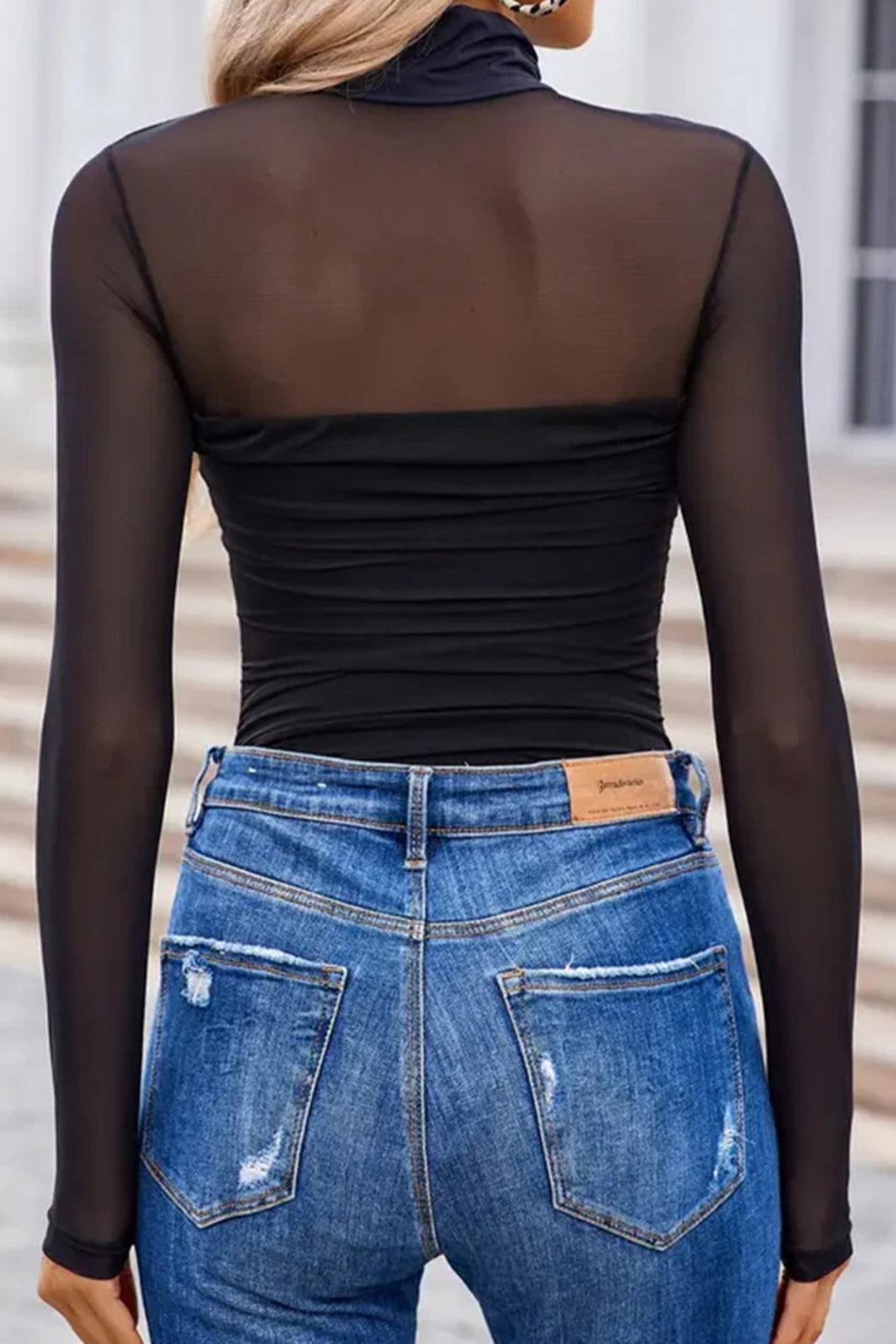 Fiery Red Sheer Mesh Patchwork High Neck Long Sleeve Top - Trendy Tops/Long Sleeve Tops in Black for Women | The802Gypsy