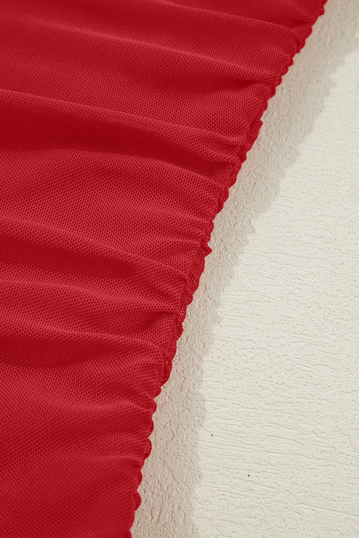 Fiery Red Sheer Mesh Patchwork High Neck Long Sleeve Top - Trendy Tops/Long Sleeve Tops in Black for Women | The802Gypsy