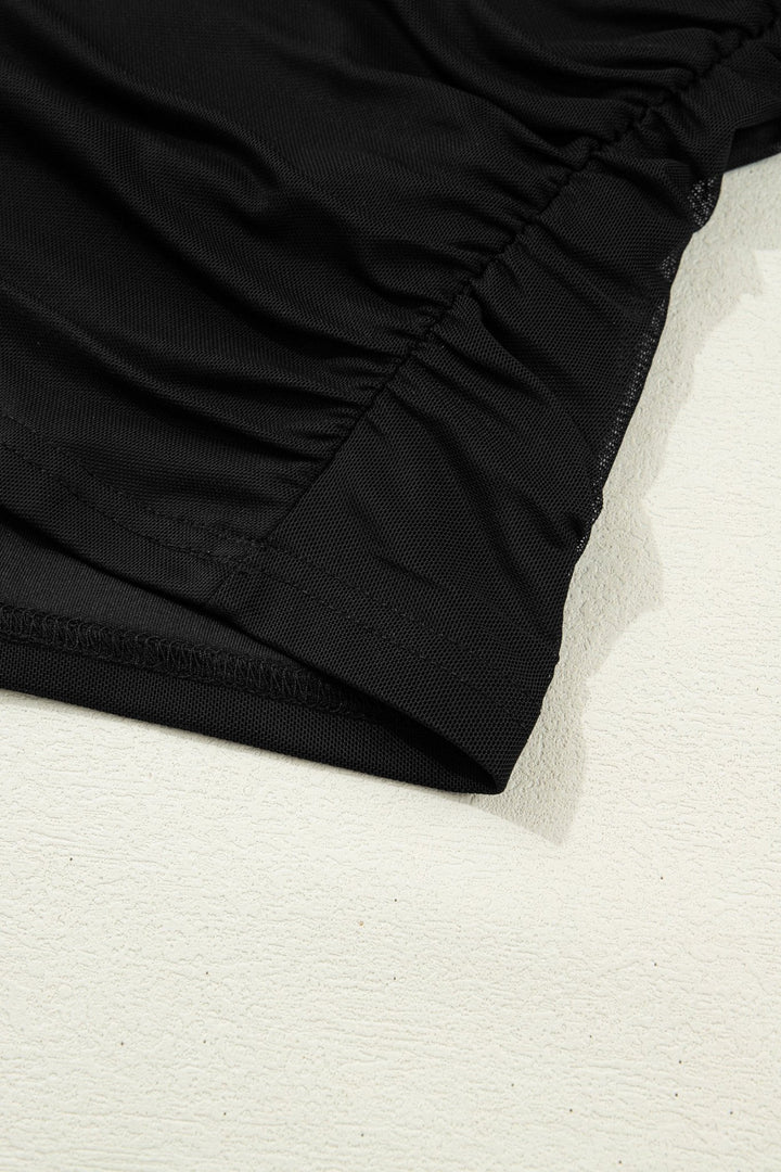 Fiery Red Sheer Mesh Patchwork High Neck Long Sleeve Top - Trendy Tops/Long Sleeve Tops in Black for Women | The802Gypsy