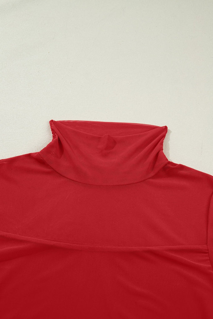 Fiery Red Sheer Mesh Patchwork High Neck Long Sleeve Top - Trendy Tops/Long Sleeve Tops in Black for Women | The802Gypsy