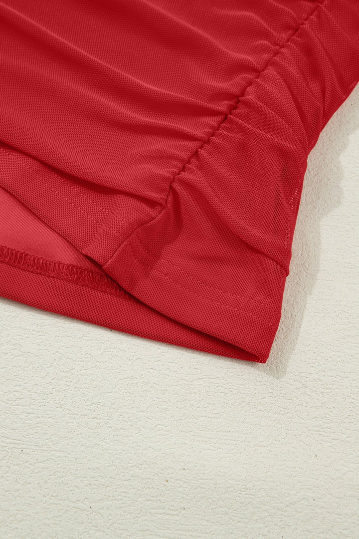 Fiery Red Sheer Mesh Patchwork High Neck Long Sleeve Top - Trendy Tops/Long Sleeve Tops in Black for Women | The802Gypsy