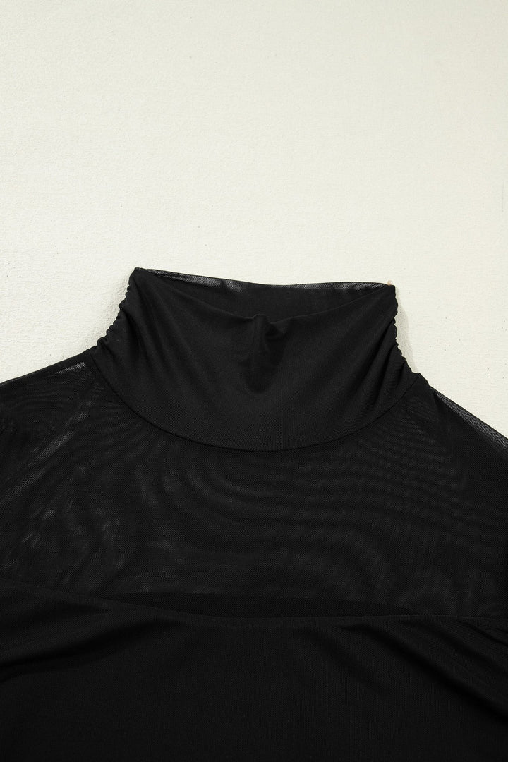 Fiery Red Sheer Mesh Patchwork High Neck Long Sleeve Top - Trendy Tops/Long Sleeve Tops in Black for Women | The802Gypsy