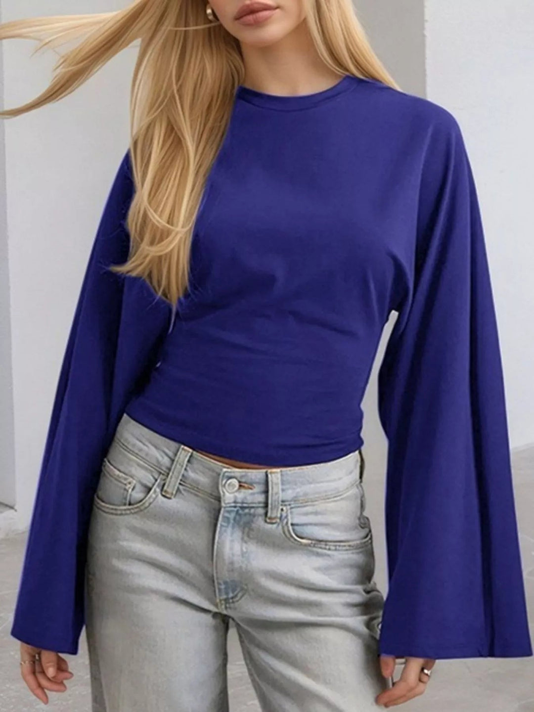 Round Neck Long - Sleeve T-Shirt - Trendy Tops/Long Sleeve Tops in Blue for Women | The802Gypsy