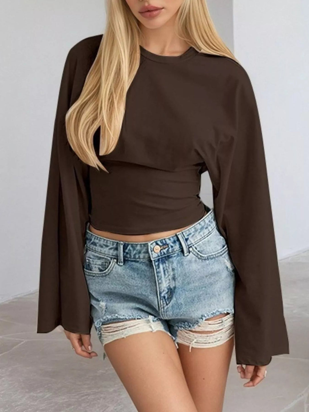 Round Neck Long - Sleeve T-Shirt - Trendy Tops/Long Sleeve Tops in Brown for Women | The802Gypsy
