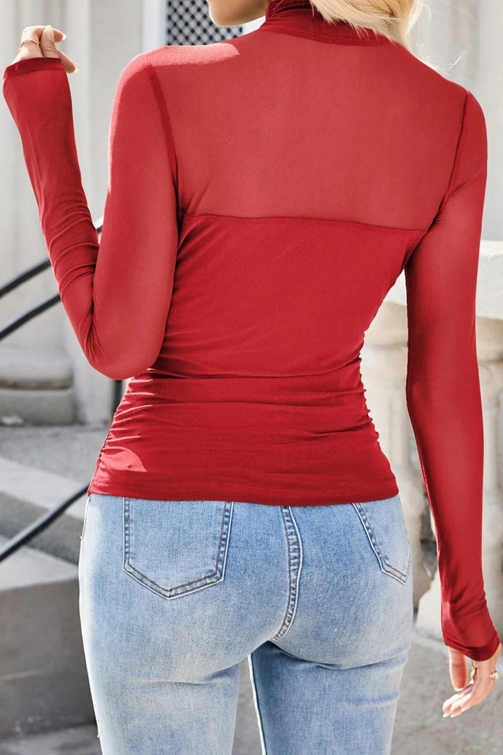 Fiery Red Sheer Mesh Patchwork High Neck Long Sleeve Top - Trendy Tops/Long Sleeve Tops in Fiery Red for Women | The802Gypsy