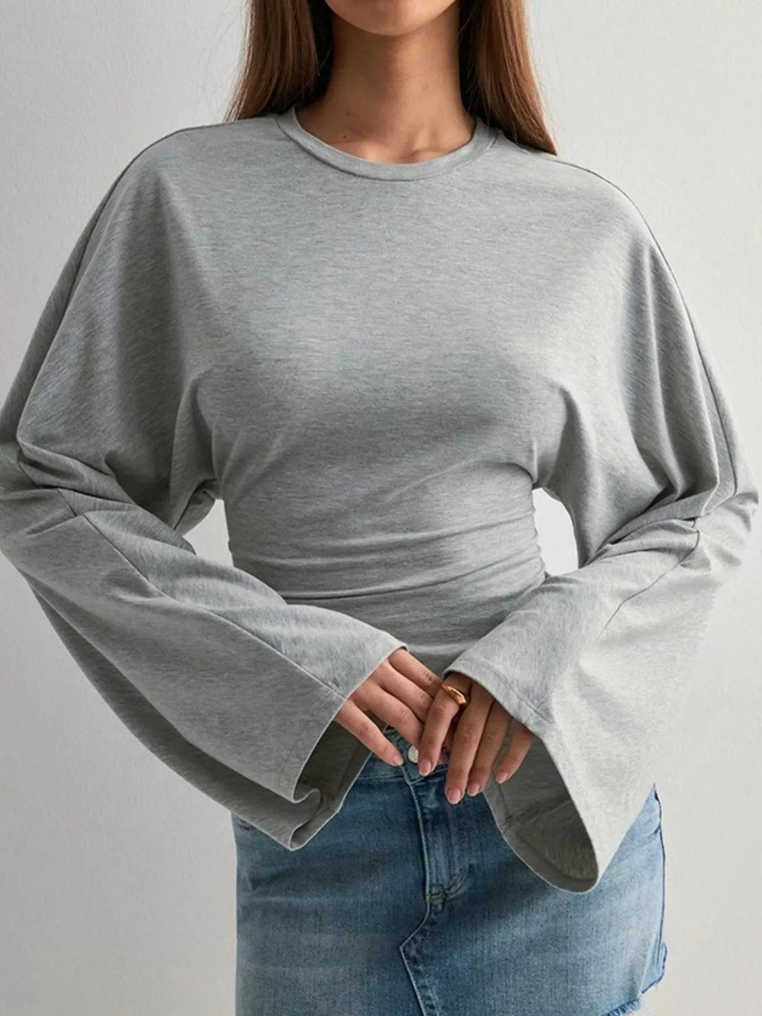 Round Neck Long - Sleeve T-Shirt - Trendy Tops/Long Sleeve Tops in Gray for Women | The802Gypsy