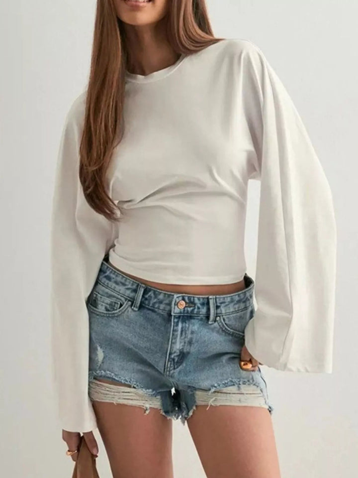 Round Neck Long - Sleeve T-Shirt - Trendy Tops/Long Sleeve Tops in Gray/white for Women | The802Gypsy