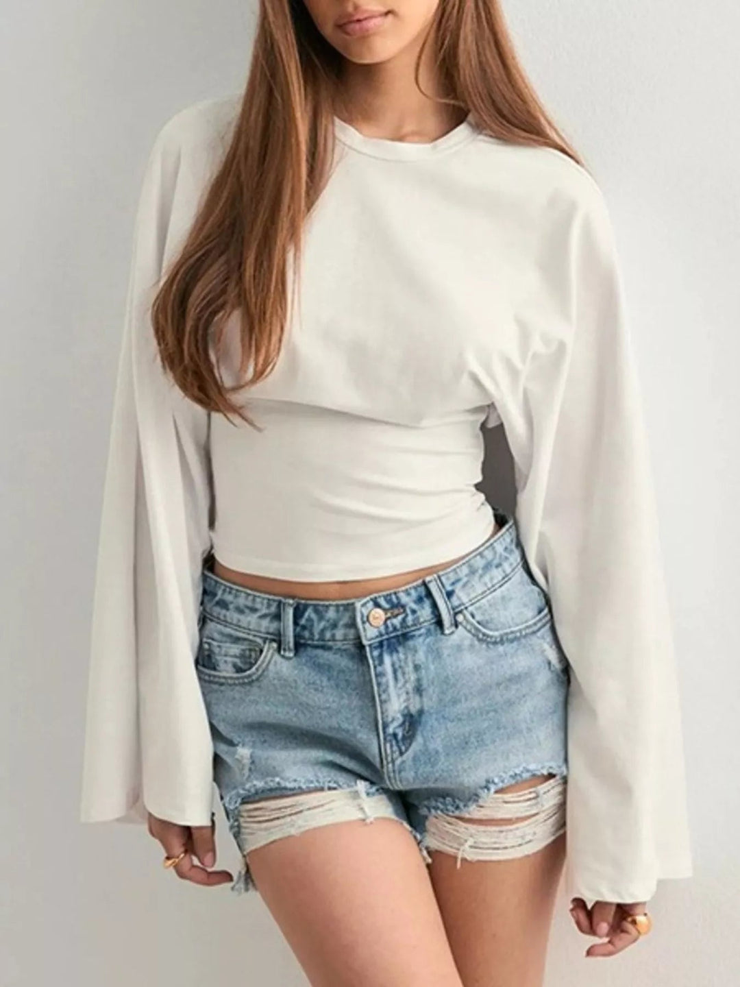 Round Neck Long - Sleeve T-Shirt - Trendy Tops/Long Sleeve Tops in Gray/white for Women | The802Gypsy