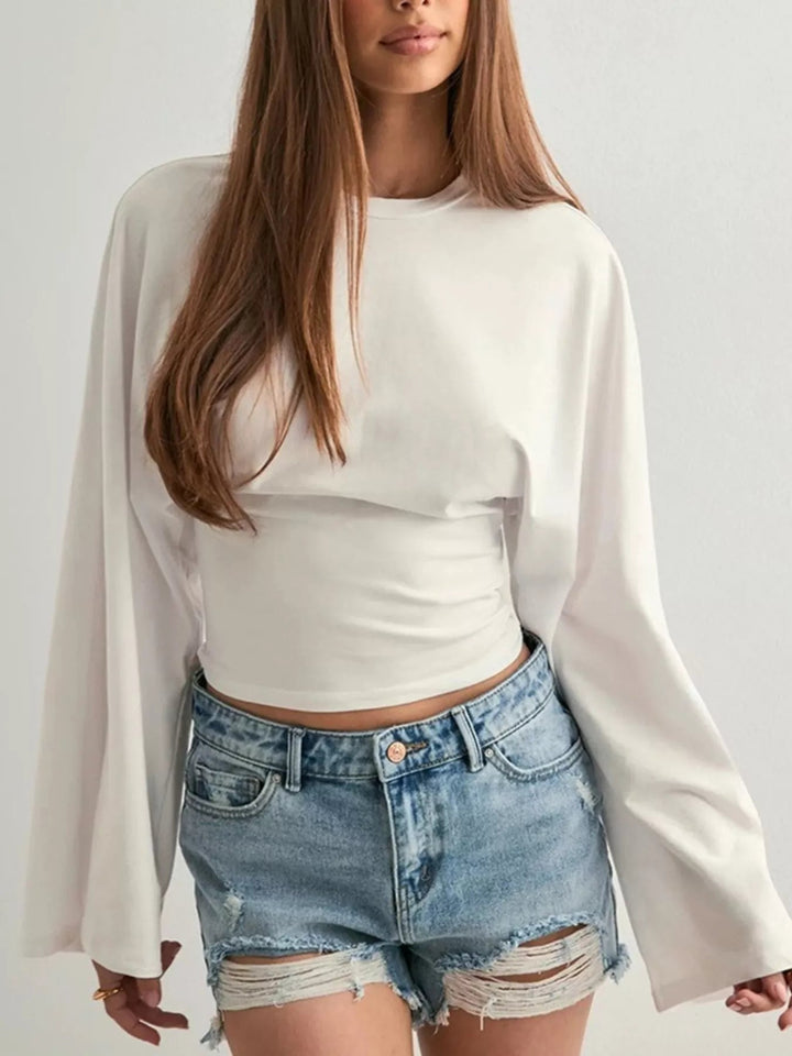 Round Neck Long - Sleeve T-Shirt - Trendy Tops/Long Sleeve Tops in Gray/white for Women | The802Gypsy