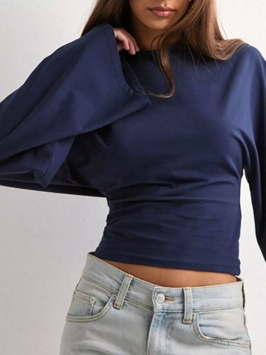 Round Neck Long - Sleeve T-Shirt - Trendy Tops/Long Sleeve Tops in Navy for Women | The802Gypsy