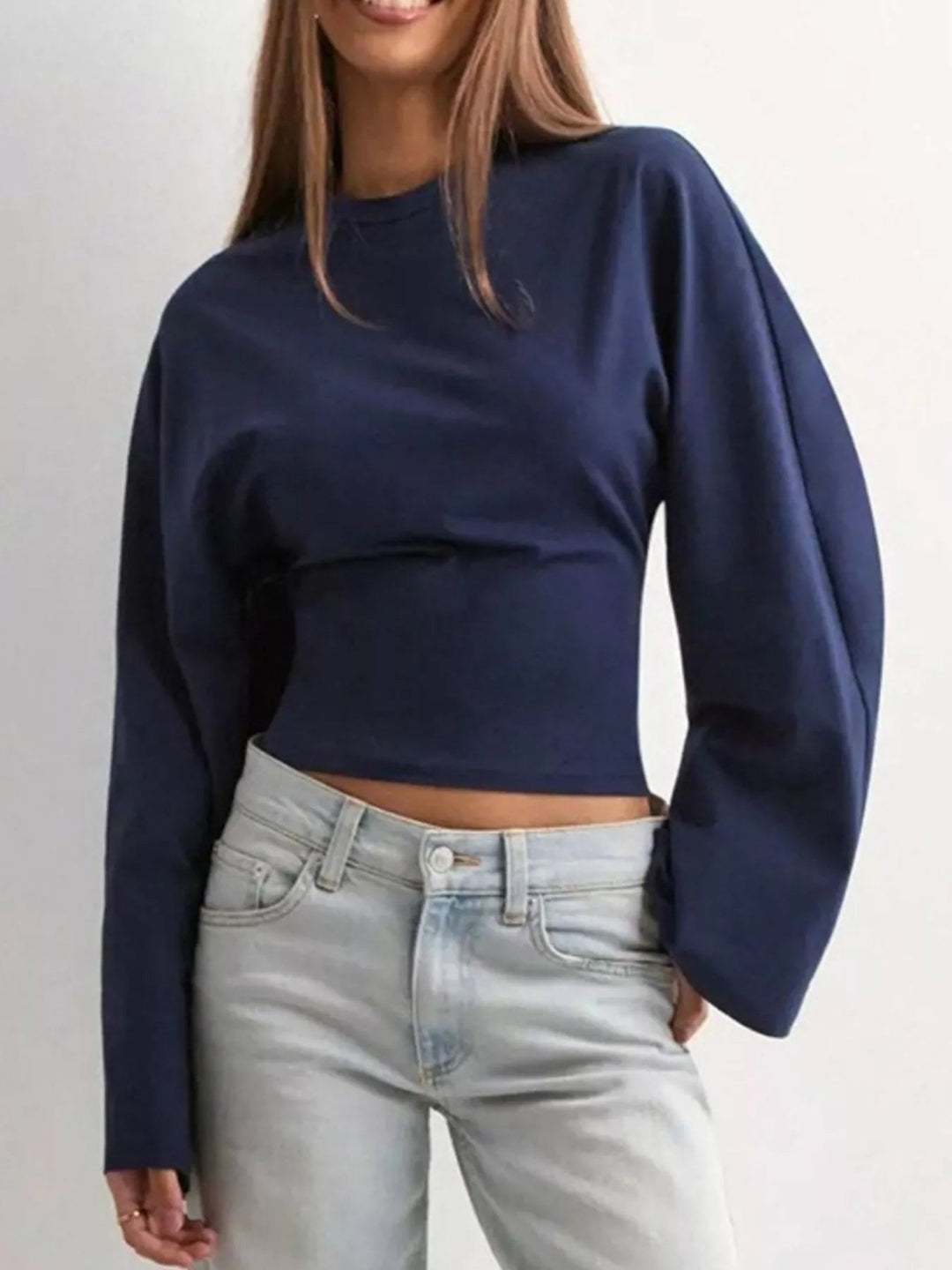 Round Neck Long - Sleeve T-Shirt - Trendy Tops/Long Sleeve Tops in Navy for Women | The802Gypsy