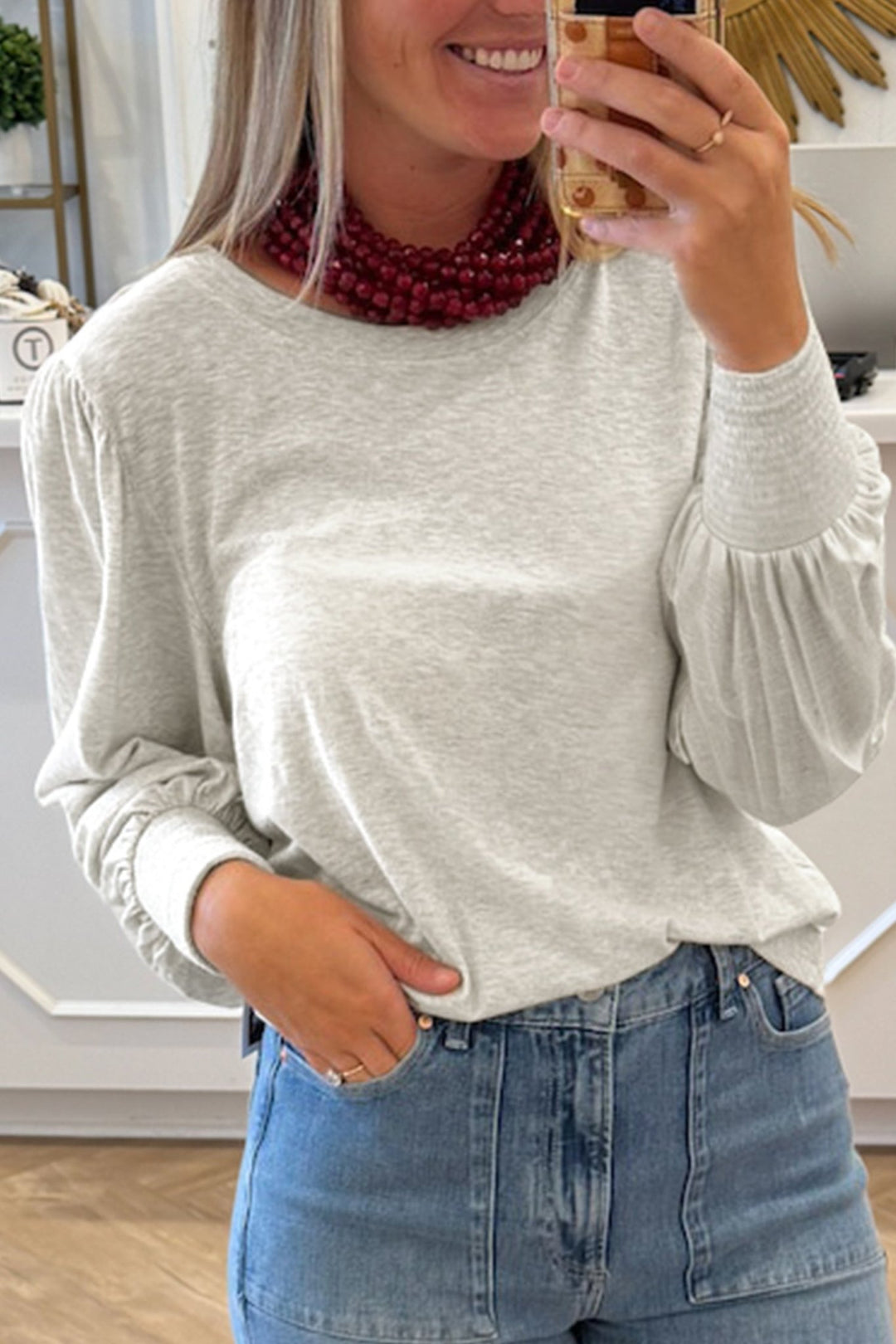 Oatmeal Puff Sleeve Peasant Top - Trendy Tops/Long Sleeve Tops in Oatmeal for Women | The802Gypsy