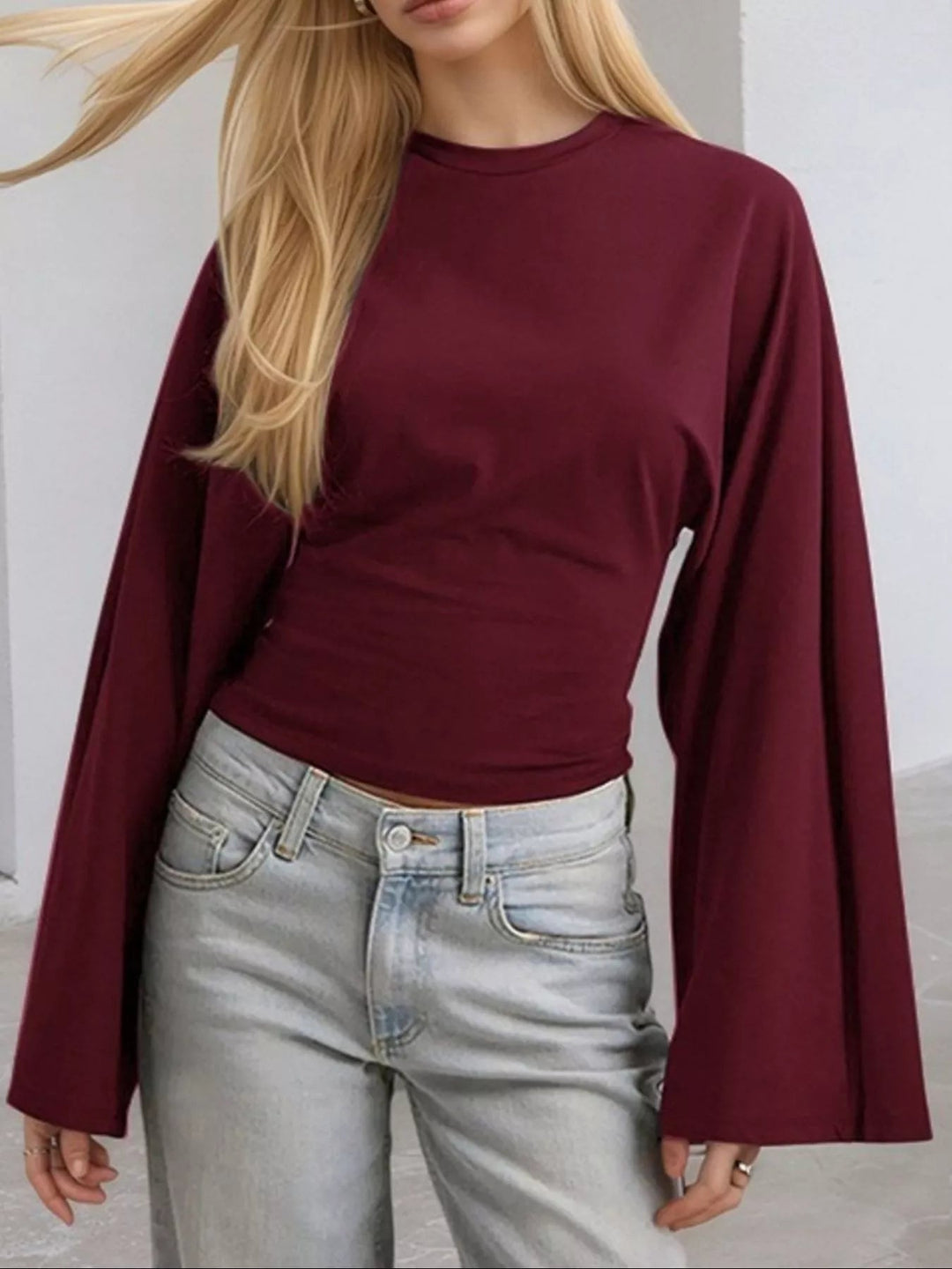 Round Neck Long - Sleeve T-Shirt - Trendy Tops/Long Sleeve Tops in Red for Women | The802Gypsy