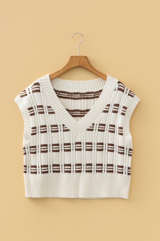 JUNIPER BLVD Geometric Textured V - Neck Cropped Sweater Top - Trendy Tops/Sweater Vests in White for Women | The802Gypsy