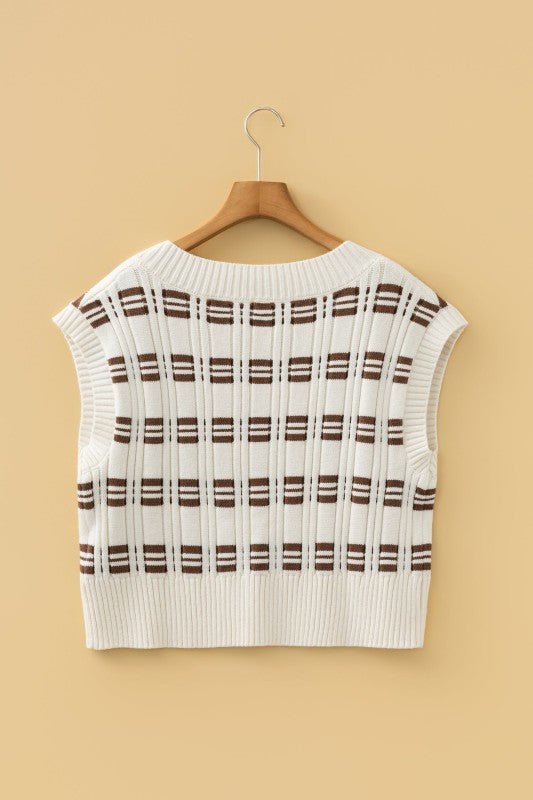 JUNIPER BLVD Geometric Textured V - Neck Cropped Sweater Top - Trendy Tops/Sweater Vests in White for Women | The802Gypsy