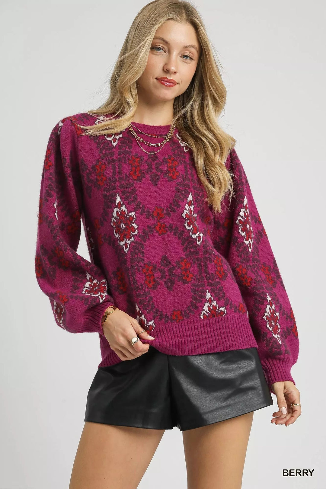 Umgee Boho Patterned Jacquard Sweater - Trendy Tops/Sweaters in BERRY for Women | The802Gypsy