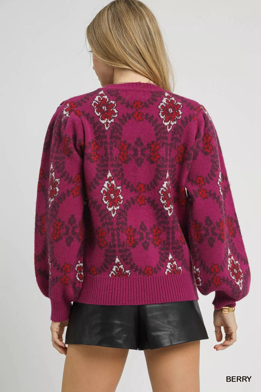 Umgee Boho Patterned Jacquard Sweater - Trendy Tops/Sweaters in BERRY for Women | The802Gypsy