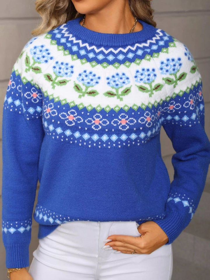 Floral Pattern Crew Neck Sweater - Trendy Tops/Sweaters in Blue for Women | The802Gypsy
