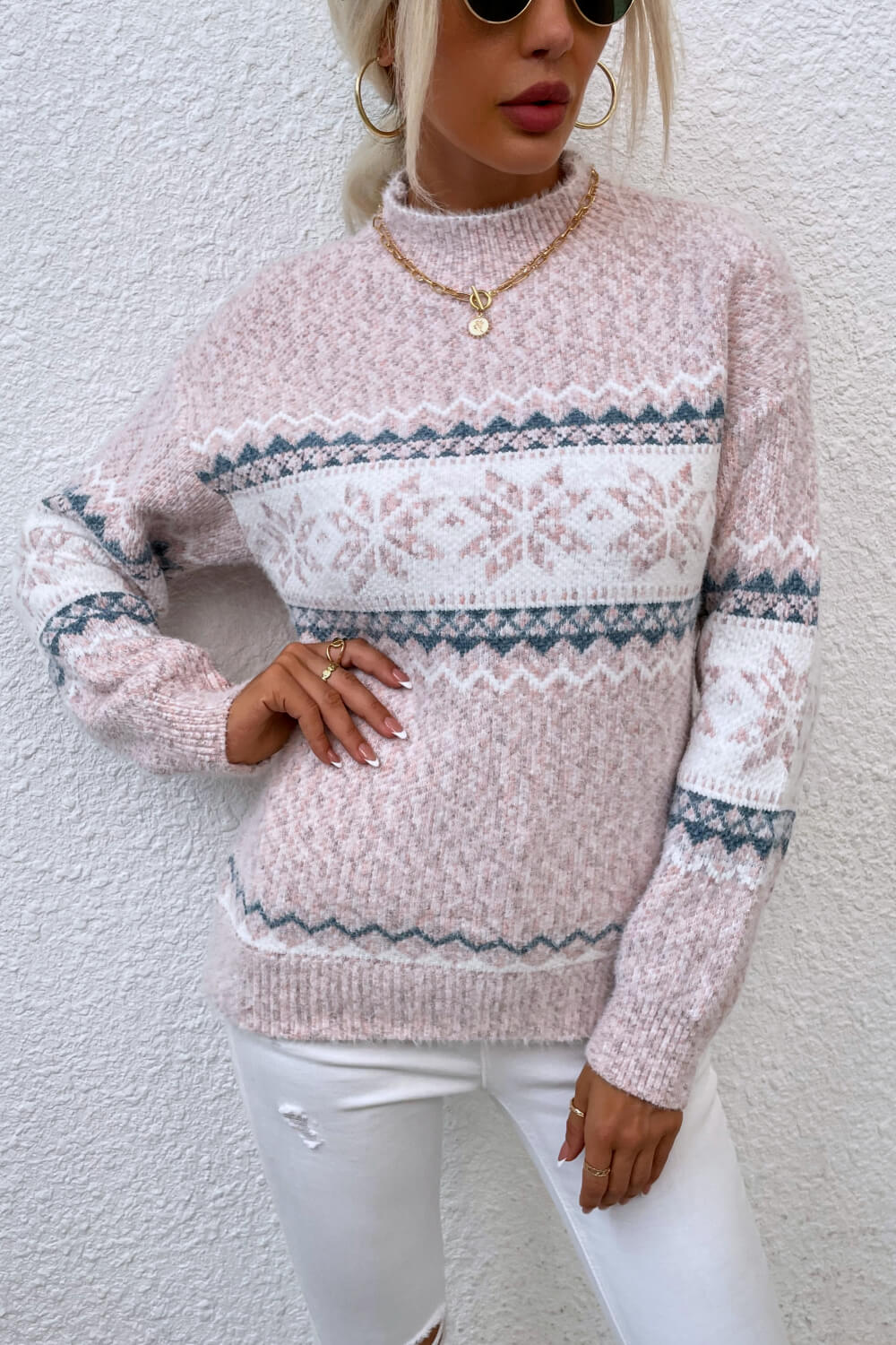 Snowflake Pattern Mock Neck Sweater - Trendy Tops/Sweaters in Blush Pink for Women | The802Gypsy