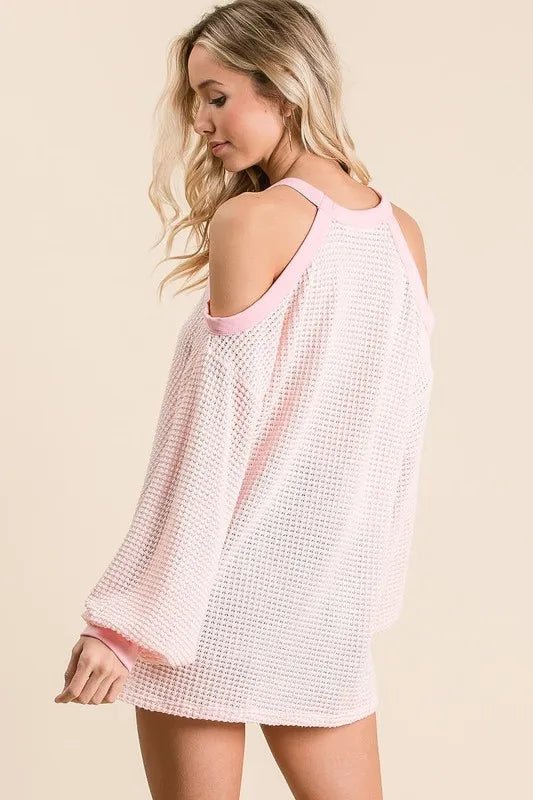 BiBi Popcorn Waffle Top with Cold Shoulder Detail - Trendy Tops/Sweaters in BLUSH for Women | The802Gypsy