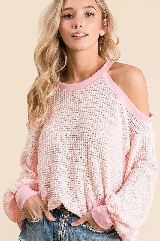 BiBi Popcorn Waffle Top with Cold Shoulder Detail - Trendy Tops/Sweaters in BLUSH for Women | The802Gypsy