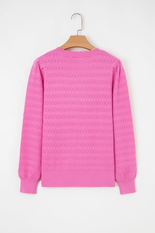 JUNIPER BLVD Solid Knit Ribbed Cuff Crewneck Sweater - Trendy Tops/Sweaters in Bright Pink for Women | The802Gypsy