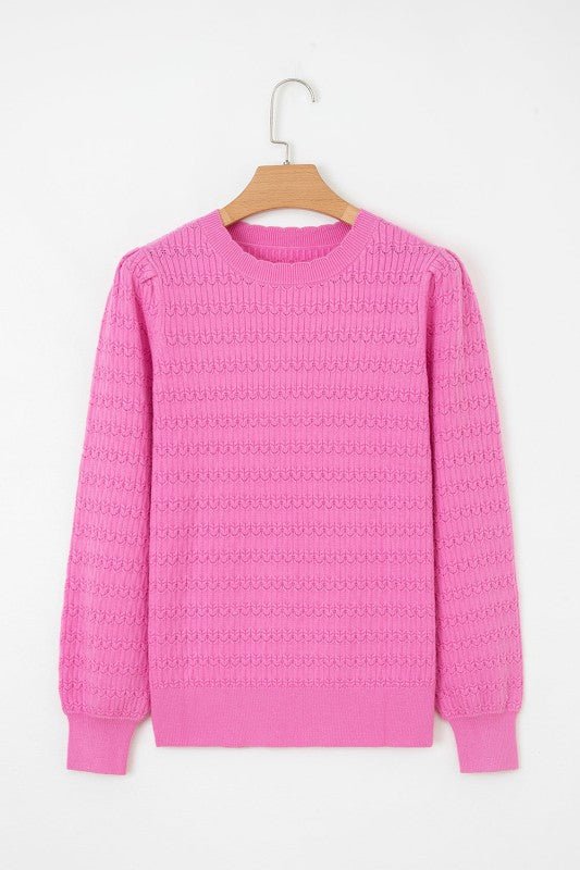 JUNIPER BLVD Solid Knit Ribbed Cuff Crewneck Sweater - Trendy Tops/Sweaters in Bright Pink for Women | The802Gypsy