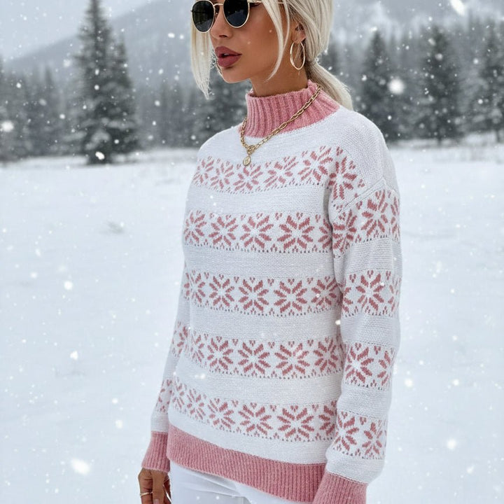 Snowflake Pattern Mock Neck Sweater - Trendy Tops/Sweaters in Carnation Pink for Women | The802Gypsy