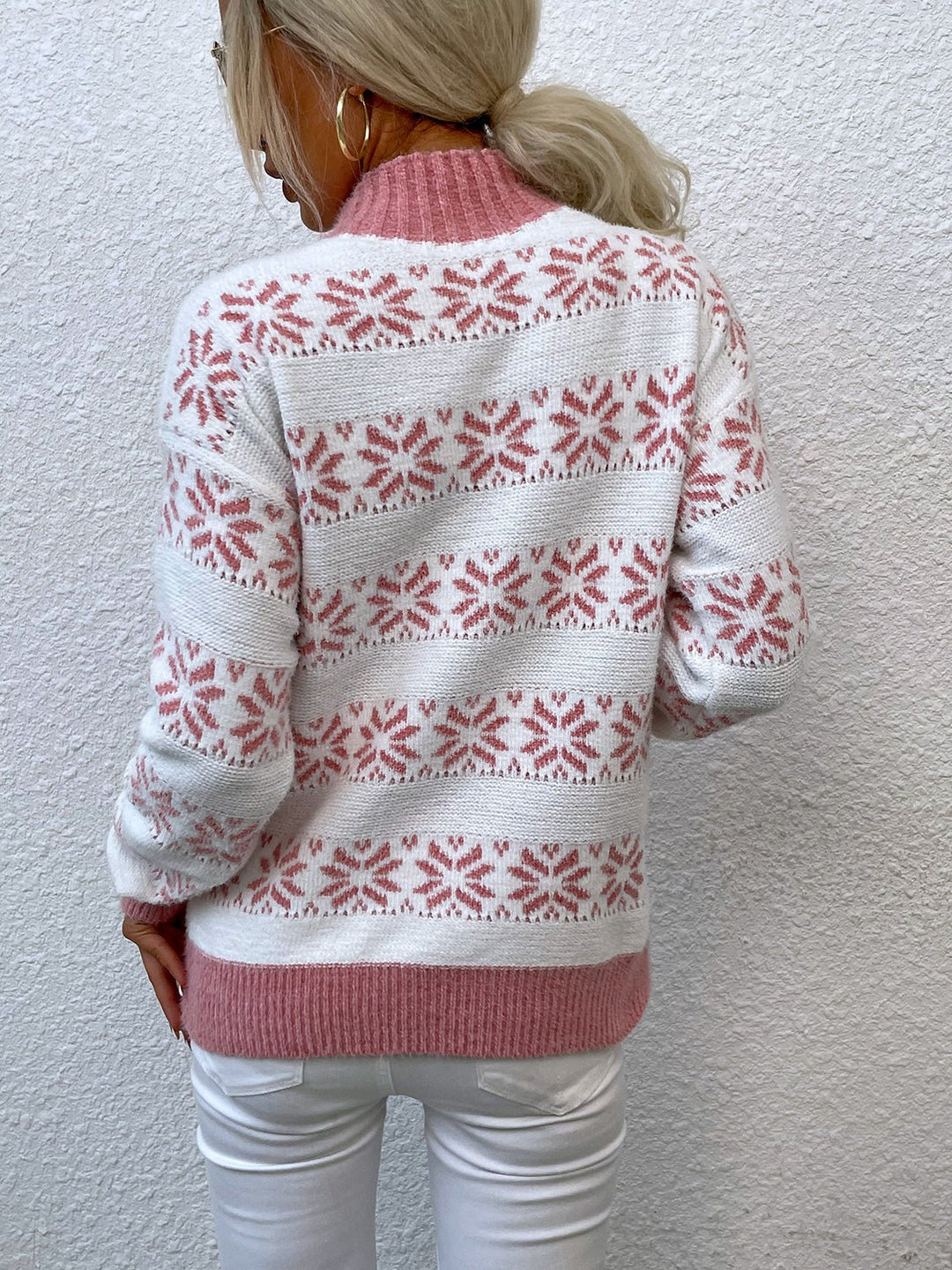 Snowflake Pattern Mock Neck Sweater - Trendy Tops/Sweaters in Carnation Pink for Women | The802Gypsy