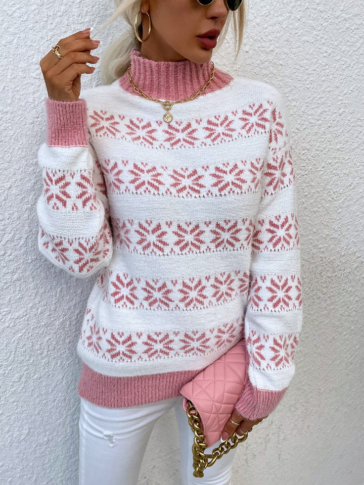 Snowflake Pattern Mock Neck Sweater - Trendy Tops/Sweaters in Carnation Pink for Women | The802Gypsy